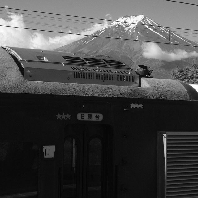 a train with Fuji in the back