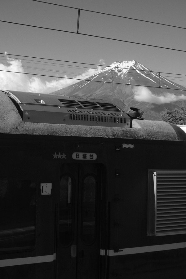 a train with Fuji in the back
